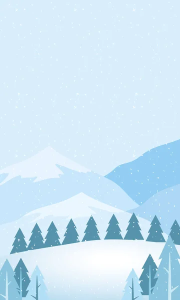 Paisaje de nieve escena estacional con pinos y montañas horizonte — Vector de stock