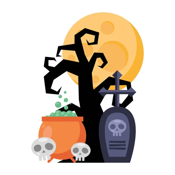 Árvore escura com caldeirão e ícones cemitério halloween — Vetor de Stock