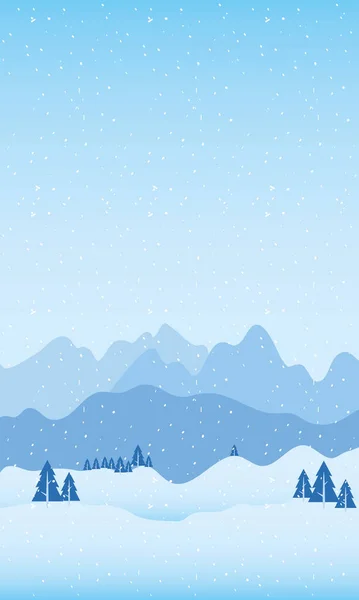 Neve paisagem cena sazonal com montanhas e pinheiros — Vetor de Stock