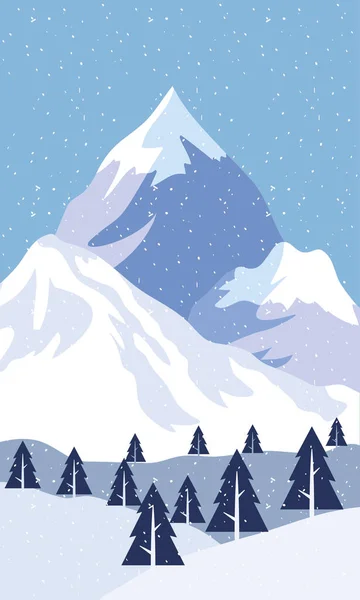 Neve paisagem cena sazonal com pinheiros e montanha — Vetor de Stock