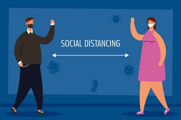 Coppia praticare personaggi di distanza sociale — Vettoriale Stock