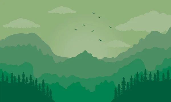 Красивый пейзаж зеленая сцена с горами и деревьями — стоковый вектор
