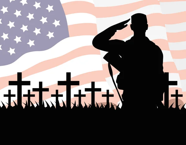Carte de célébration de la journée des anciens combattants heureux avec saludating soldat et drapeau des Etats-Unis dans le cimetière — Image vectorielle