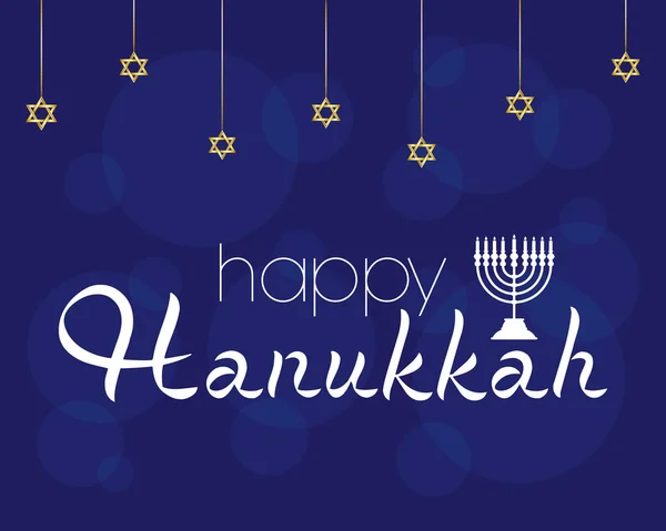 Happy hanukkah feest met kroonluchter en sterren opknoping in blauwe achtergrond — Stockvector