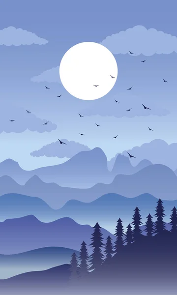 Hermoso paisaje escena de color azul con montañas y árboles — Vector de stock