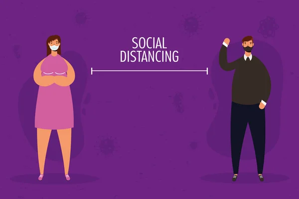 Coppia praticare personaggi di distanza sociale — Vettoriale Stock