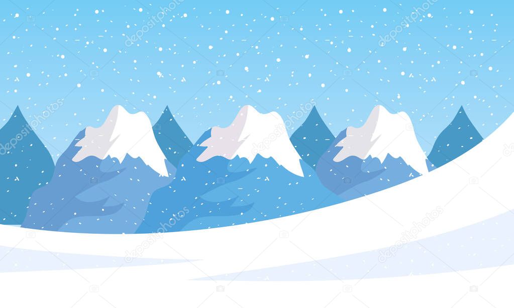 snow scape seasonal scene with mountains peaks