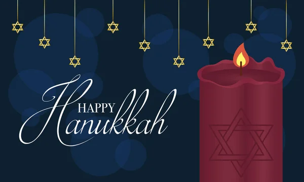 Felice scheda di celebrazione hanukkah con stelle appese e candela — Vettoriale Stock