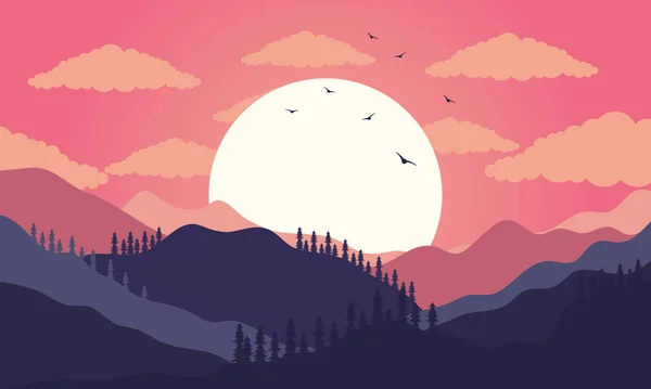 Hermoso paisaje puesta de sol escena con montañas — Vector de stock