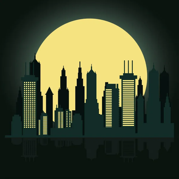 Paisaje urbano horizonte en la escena nocturna con luna llena — Vector de stock