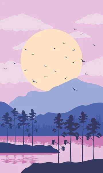 Schöne Landschaft mit violettem See und Vögeln — Stockvektor