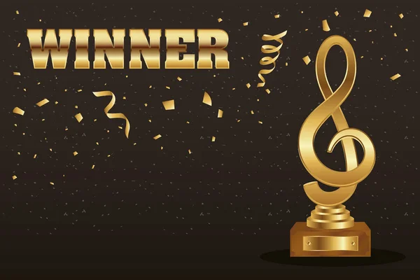 Trofeo ganador nota musical dorado con palabra y confeti — Archivo Imágenes Vectoriales