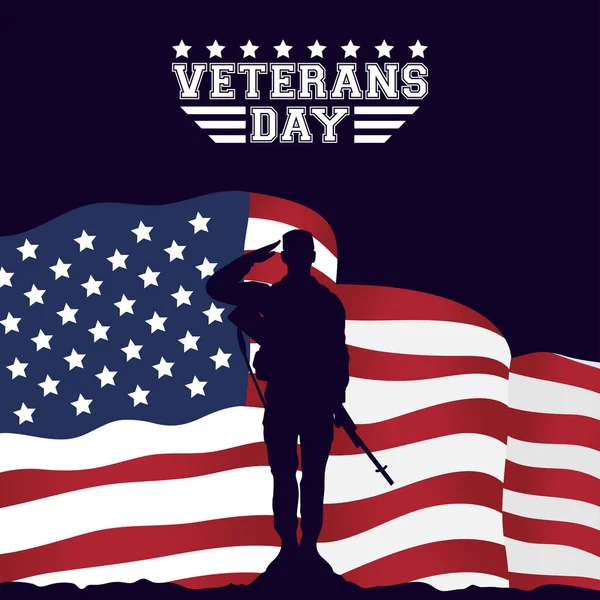 Boldog veteránok nap ünnepség kártya katona szaludáló amerikai zászló — Stock Vector