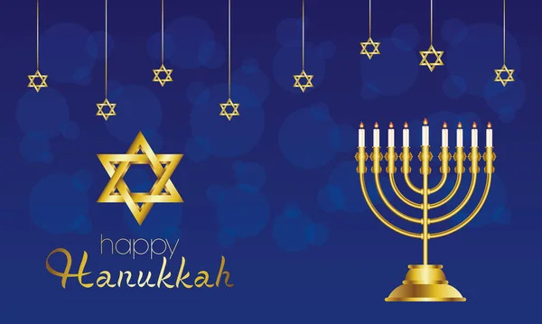 Happy hanukkah viering kaart met gouden kroonluchter en ster — Stockvector