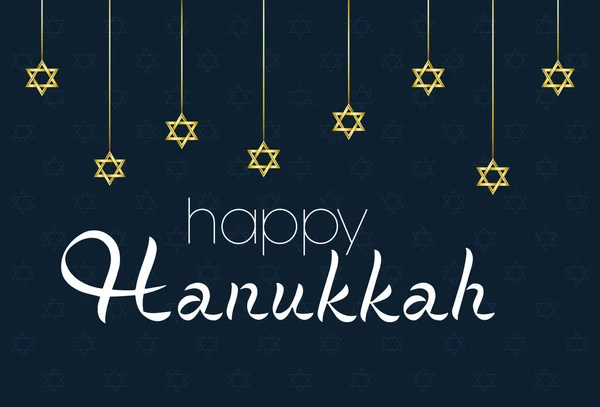 Felice hanukkah scheda celebrazione con stelle appese in sfondo nero — Vettoriale Stock