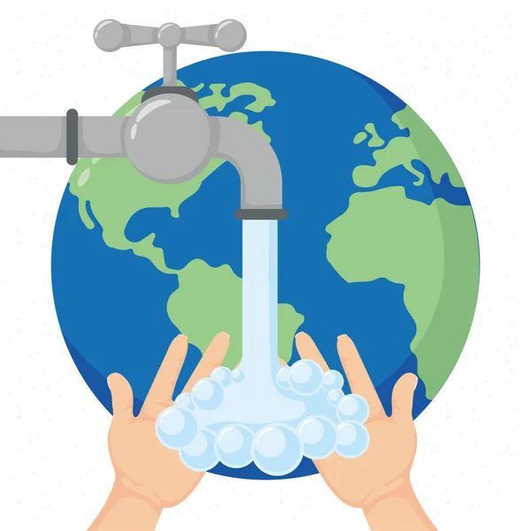 Global handwashing day campaign with earth planet and tap — Stock Vector