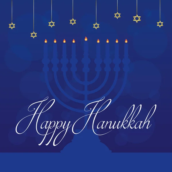 Happy hanukkah viering kaart met sterren opknoping in blauwe achtergrond — Stockvector