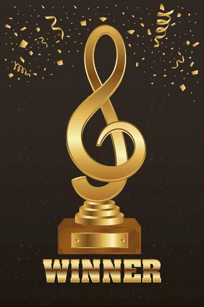 Trofeo ganador nota musical de oro con confeti — Archivo Imágenes Vectoriales