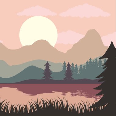 Göl ve çam ağaçlarıyla güzel manzara günbatımı sahnesi