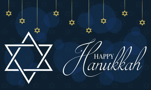 Feliz cartão de celebração hanukkah com letras e estrelas douradas penduradas — Vetor de Stock