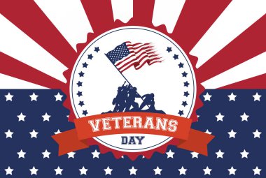 Mutlu gaziler günü kartı. Askerler bayrağı kaldırıyor.