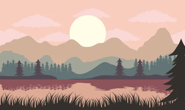 Hermoso paisaje puesta de sol escena con lago y pinos árboles — Vector de stock