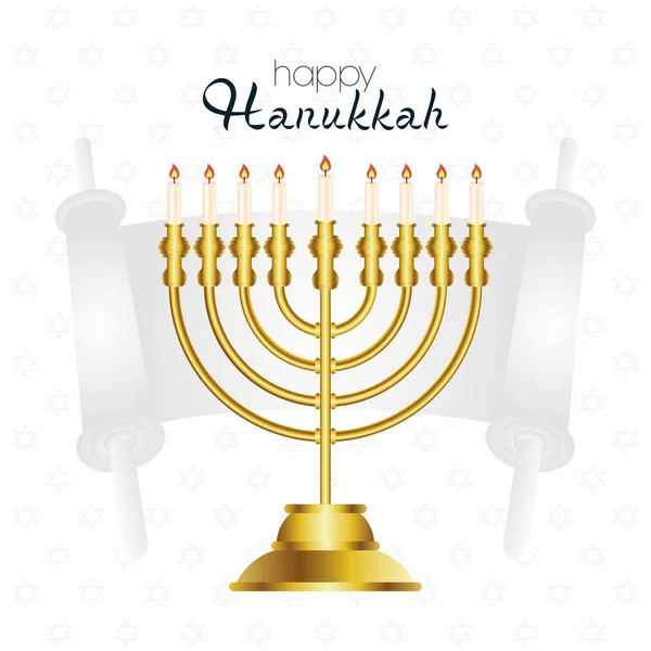 Happy hanukkah viering kaart met gouden kroonluchter en perkament — Stockvector