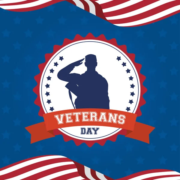 Šťastný veteráni den slavnostní přání s vojákem saludování v pečeti a vlajky USA — Stockový vektor