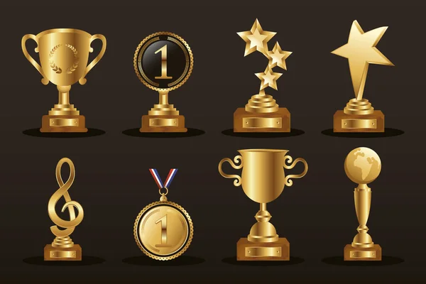 Vencedor oito troféus ícones dourados — Vetor de Stock