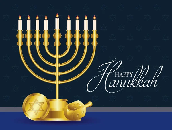 Felice scheda celebrazione hanukkah con lampadario d'oro e pirinola — Vettoriale Stock