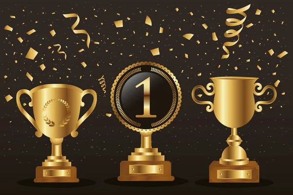 Winnaar drie trofeeën gouden met confetti — Stockvector