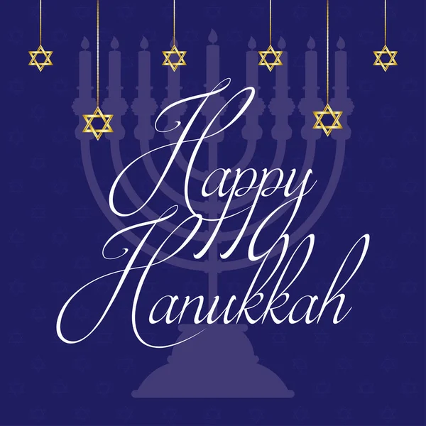 Felice scheda celebrazione hanukkah con stelle appese e lettering — Vettoriale Stock