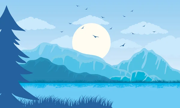 호수가 있는 아름다운 푸른 풍경 — 스톡 벡터