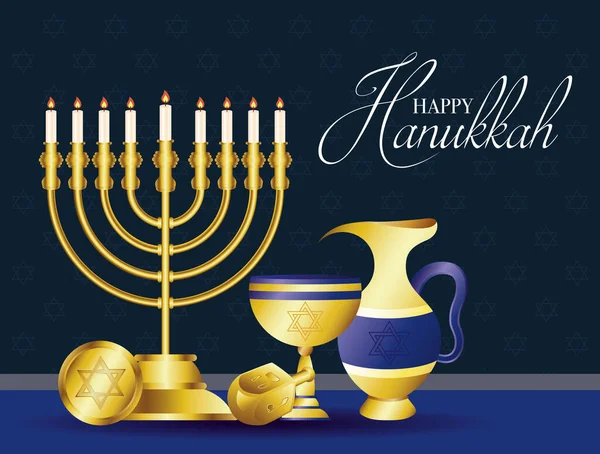 Felice Hanukkah carta celebrazione con lampadario d'oro e set icone — Vettoriale Stock