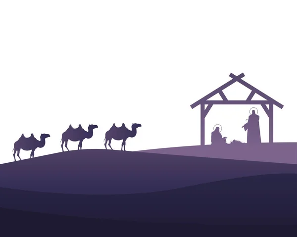 Holy family mangers characters in stable with camels purple silhouettes — Stock Vector