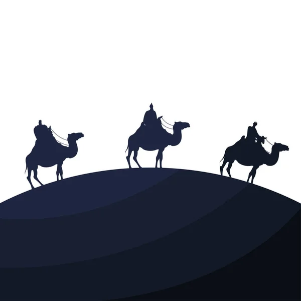 Homens sábios grupo em camelos manjedouras personagens silhueta —  Vetores de Stock