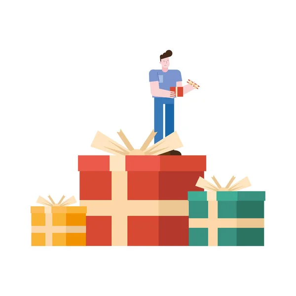 Young man lifting gift in gifts character — Stock Vector