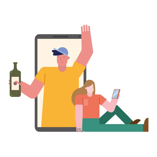Joven pareja celebrando con botella de vino en smartphone — Vector de stock