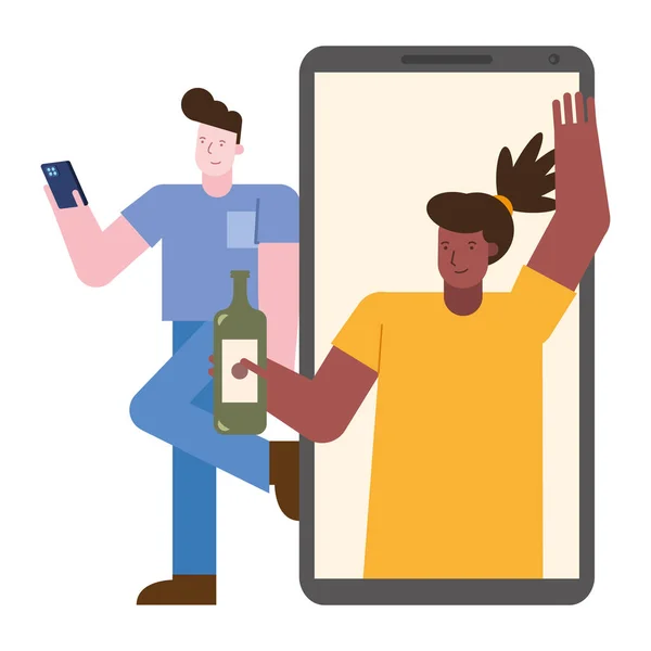 Joven pareja interracial celebrando con vino en smartphones — Vector de stock