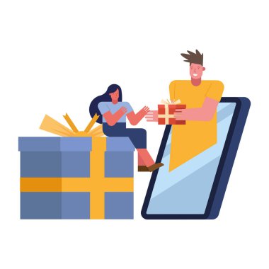 Genç çift akıllı telefondan hediyelerle kutlama yapıyor.