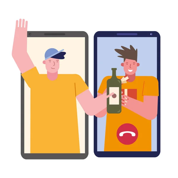 Homens jovens comemorando com vinho em smartphones —  Vetores de Stock