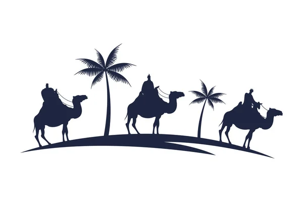 Wise men group in camels and palms mangers characters silhouette — Stock Vector