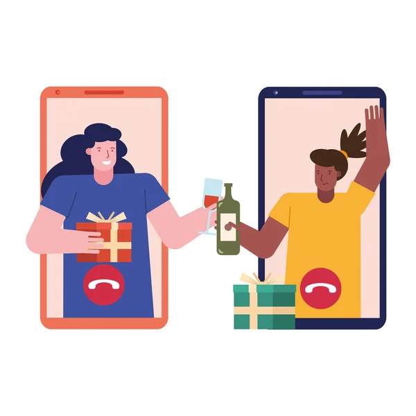 Mulheres jovens comemorando com vinho e presentes no smartphone —  Vetores de Stock