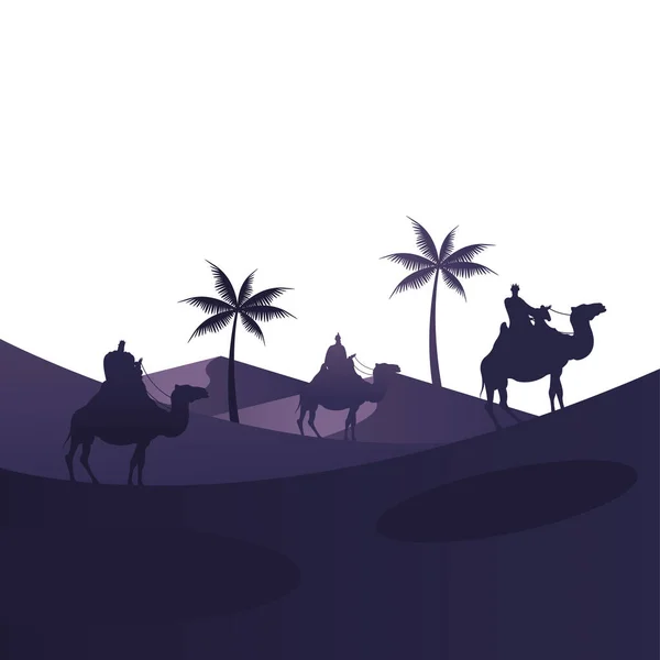 Hommes sages groupe en chameaux et palmiers mangers personnages silhouette — Image vectorielle