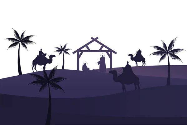 Famille sainte mangeoires personnages dans l'écurie avec des silhouettes rois sages — Image vectorielle