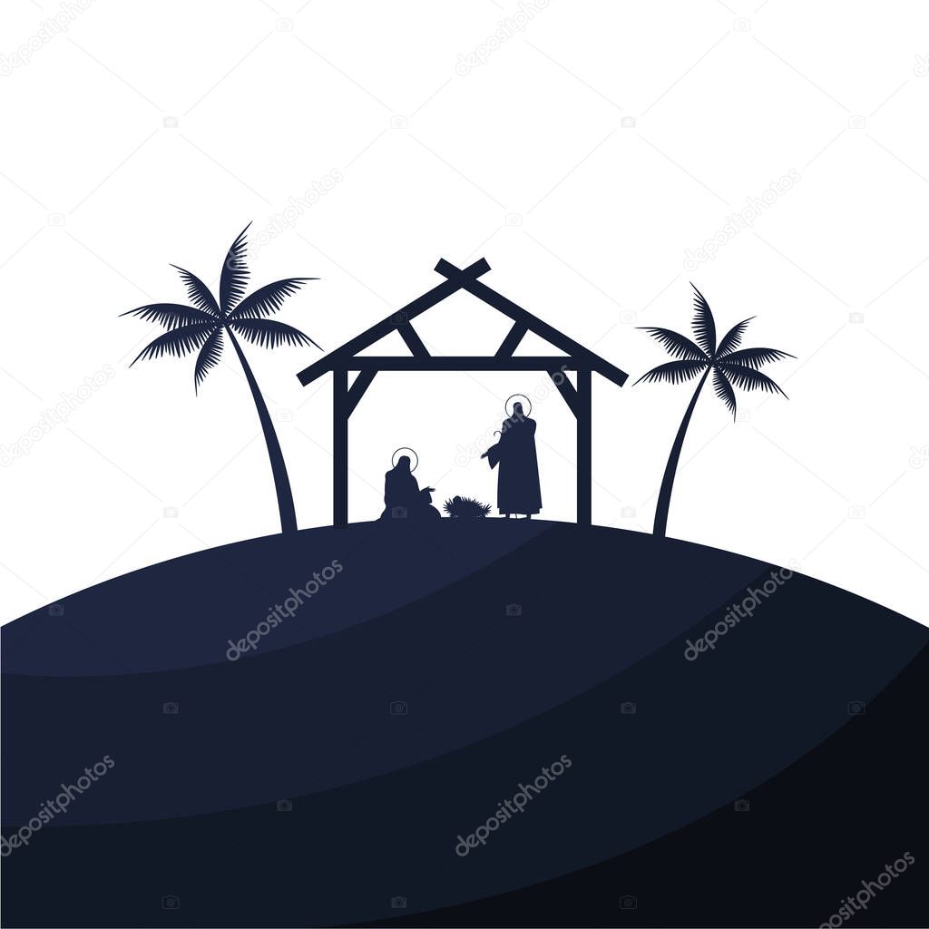 holy family mangers characters in stable with palms scene silhouettes