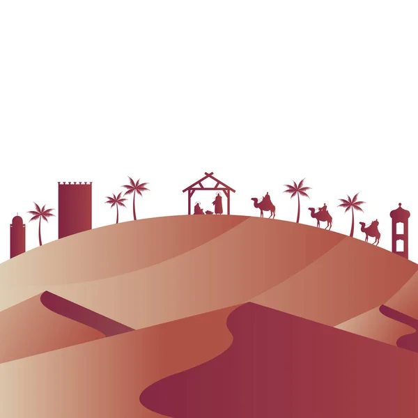 Famille sainte mangeoires personnages dans l'écurie avec des rois sages silhouettes du désert — Image vectorielle