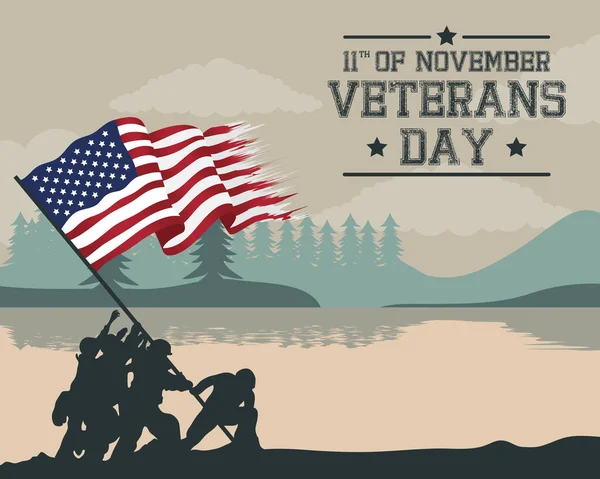 Поздравительная открытка на день ветеранов с солдатами, поднимающими флаг США на сцене у озера — стоковый вектор