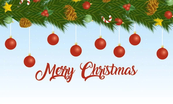Glad God Jul kort med röda bollar hängande — Stock vektor