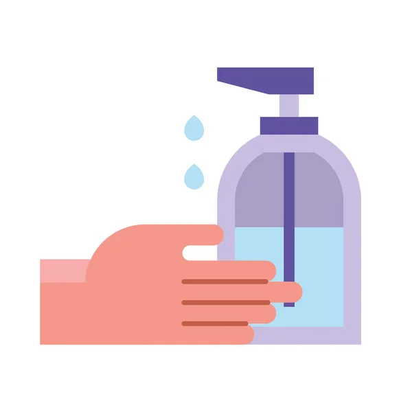 Main avec bouteille de savon antibactérien icône plate — Image vectorielle